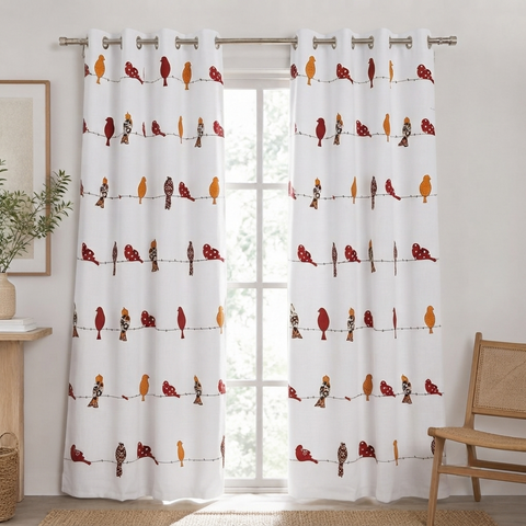 Birdsong Red Cotton Curtain