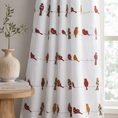 Birdsong Red Cotton Curtain