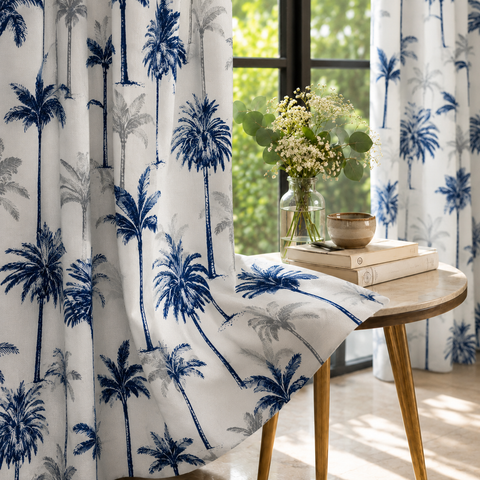 Palm Groove Blue Cotton Curtain
