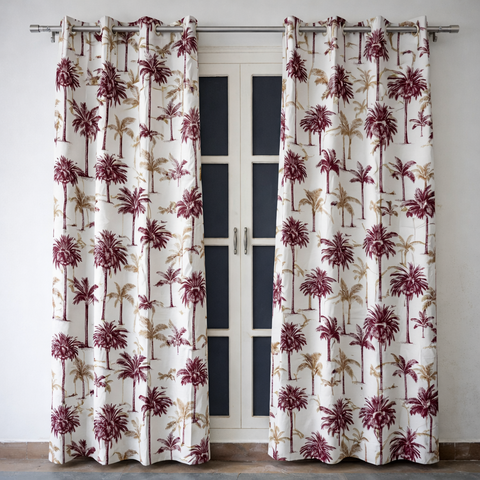 Palm Groove Maroon Cotton Curtain