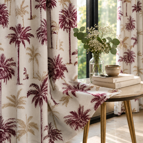 Palm Groove Maroon Cotton Curtain