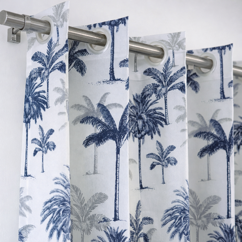 Palm Groove Blue Cotton Curtain