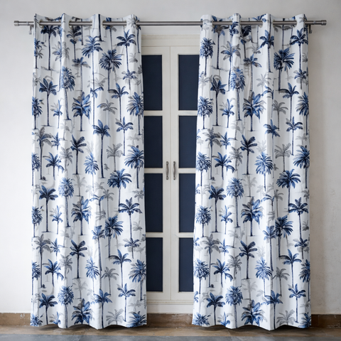 Palm Groove Blue Cotton Curtain
