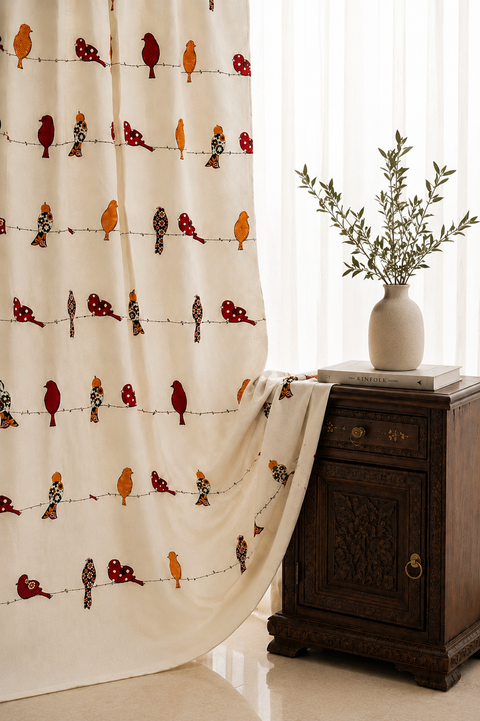 Birdsong Red Cotton Curtain